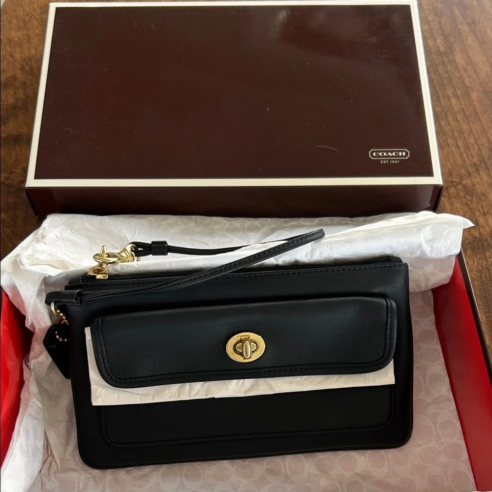 Coach Black Leather Wristlet with Gold Accents - Picture 1 of 5